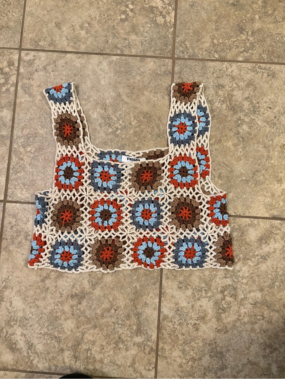 RSQ Cream Crochet Crop Top with Blue and Brown Floral Squares